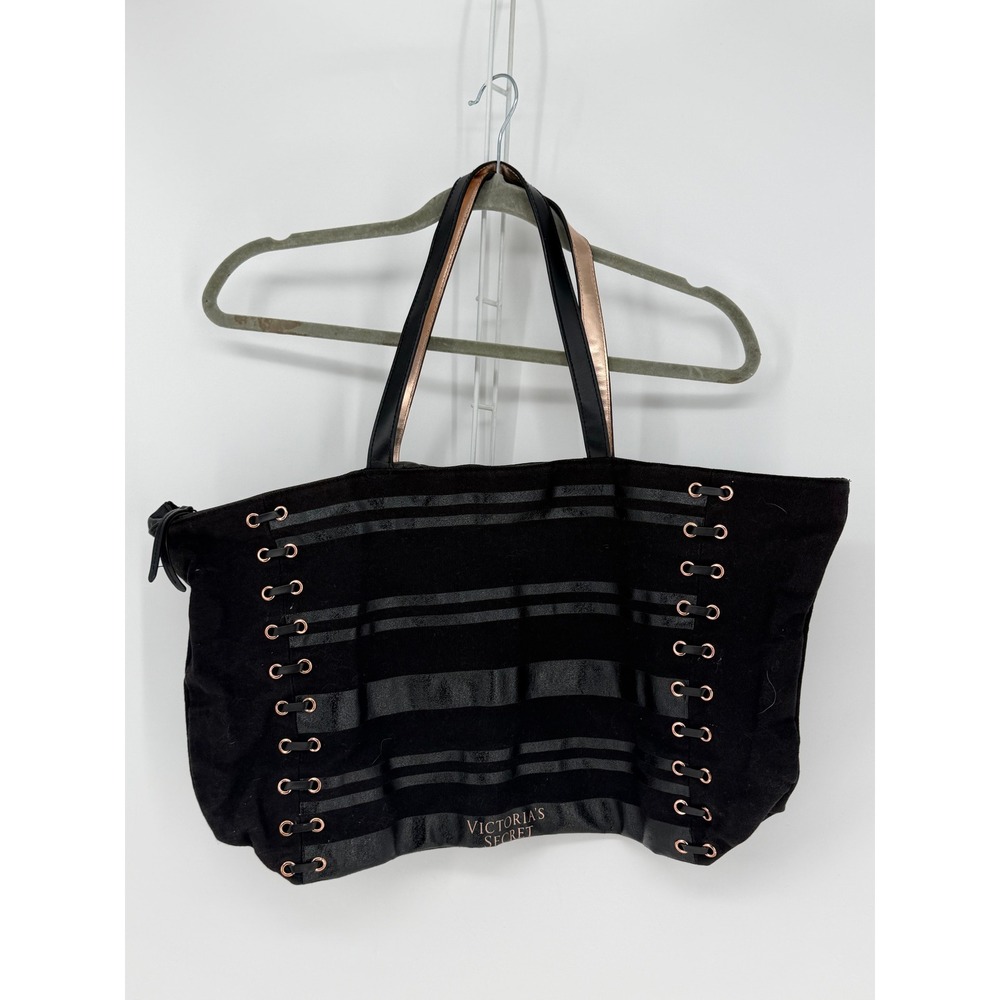 VS Lace up corset black Tote Bag Purse with Stripe Detail and Rose Gold Grommets